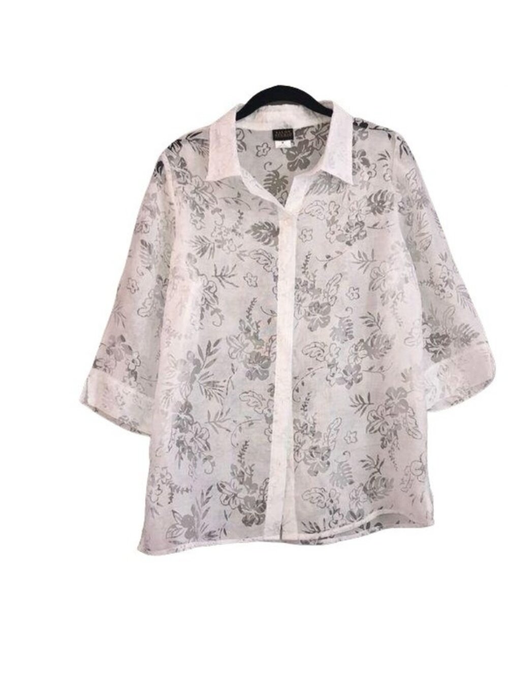 Salon Studio White Floral Sheer Button-Up Blouse M Lightweight Rayon/Nylon Blend